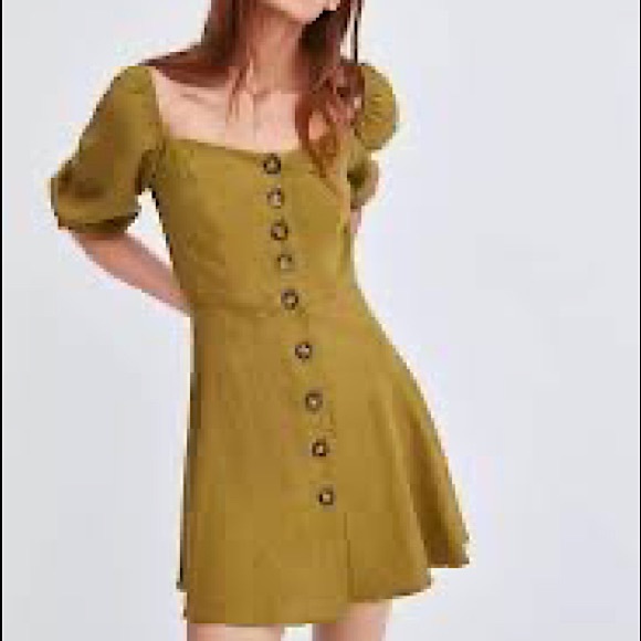 Zara Linen Mini Dress Puff Sleeves & Buttons - Picture 5 of 9